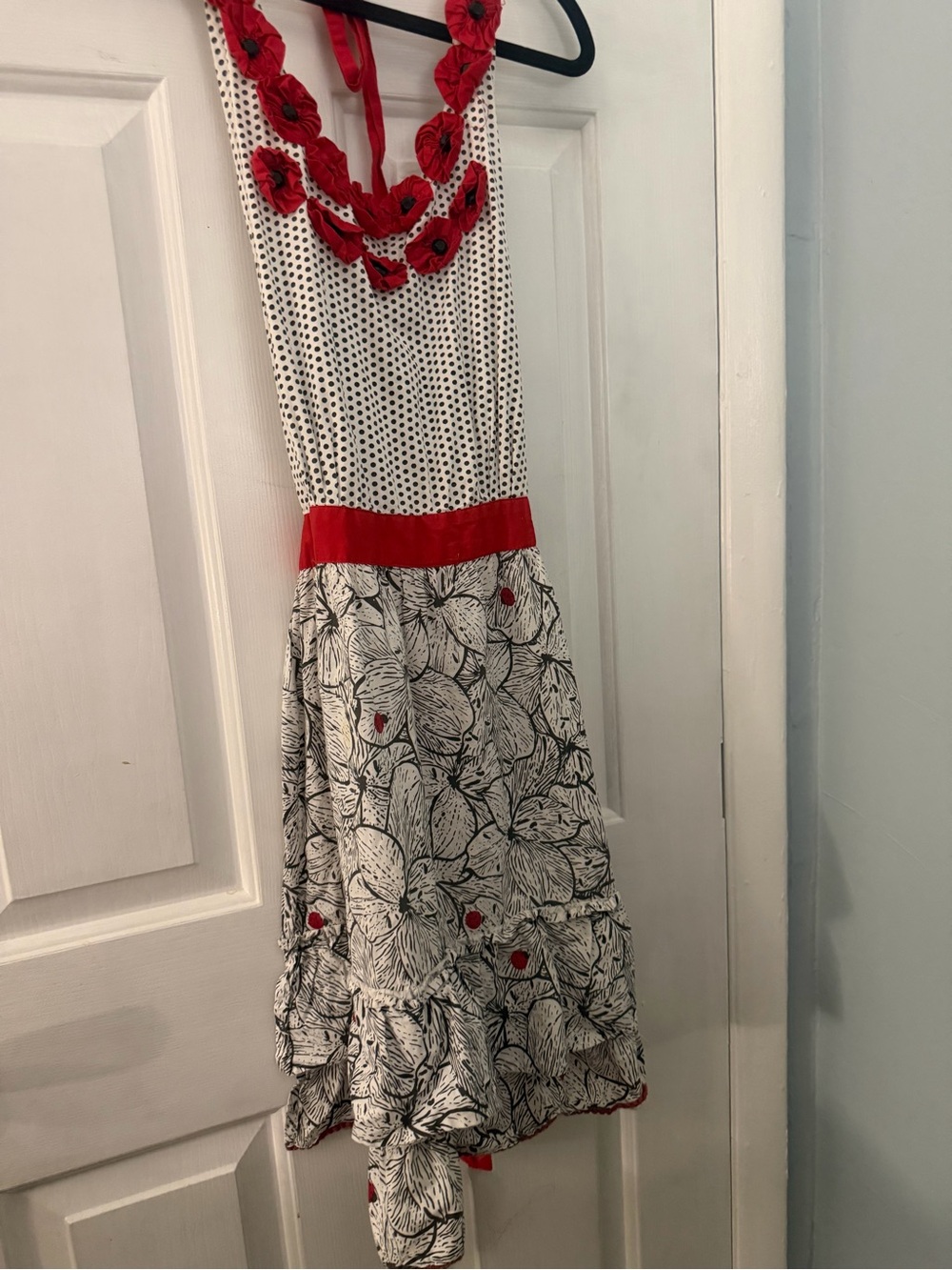 Simply EnVogue Retro Floral Polka Dot Ruffle Hostess Apron Red Black